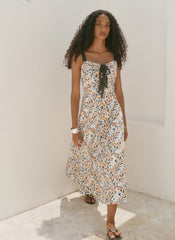 Blue Cotton Floral Print Midi Dress