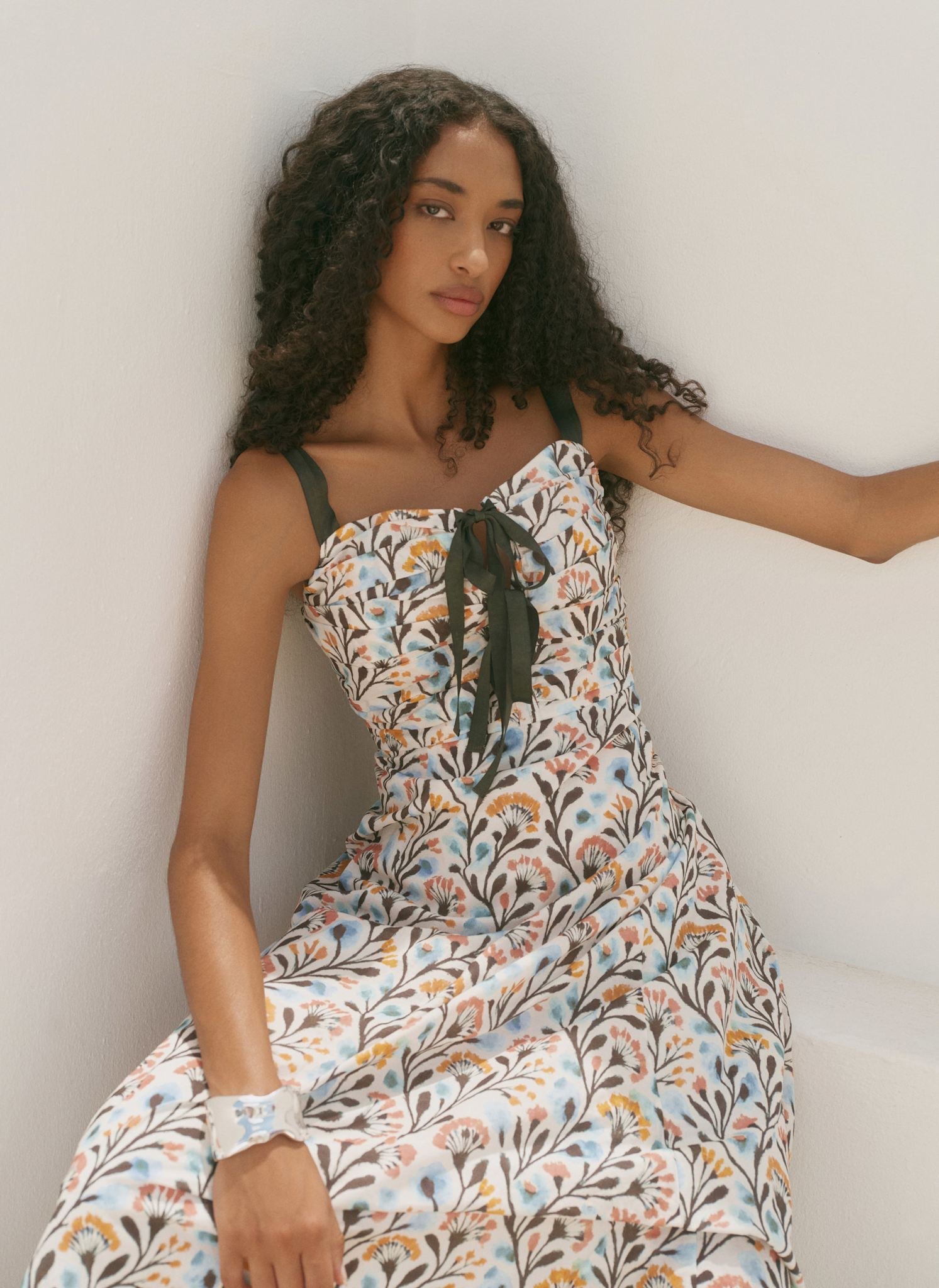 Blue Cotton Floral Print Midi Dress