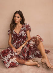 Burgundy Floral Print Tulle Maxi Dress