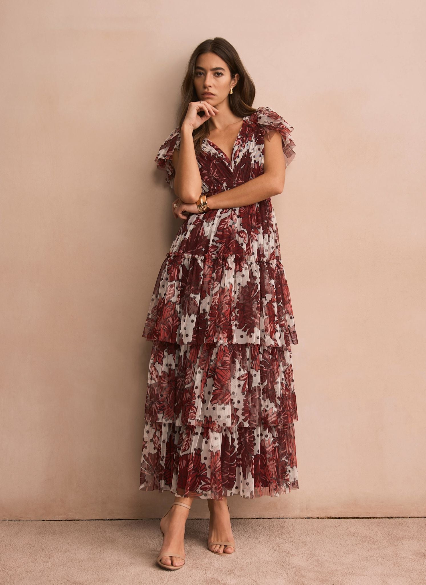 Burgundy Floral Print Tulle Maxi Dress