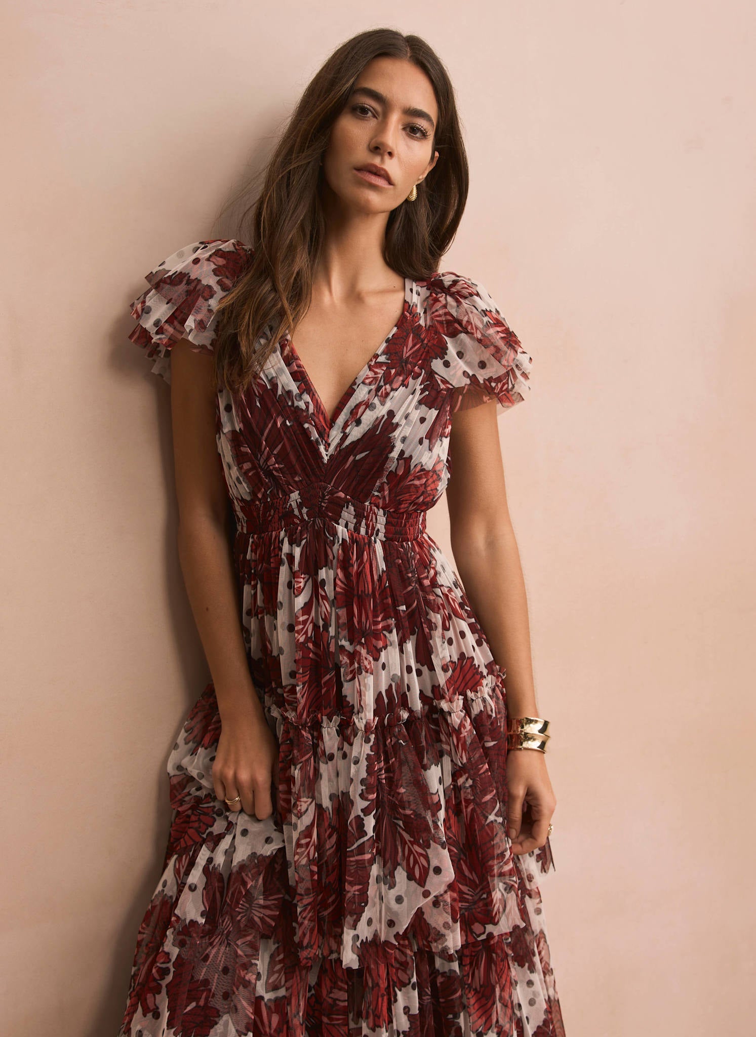 Burgundy Floral Print Tulle Maxi Dress