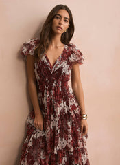Burgundy Floral Print Tulle Maxi Dress