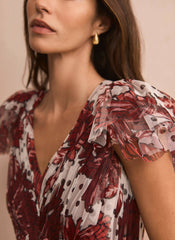 Burgundy Floral Print Tulle Maxi Dress