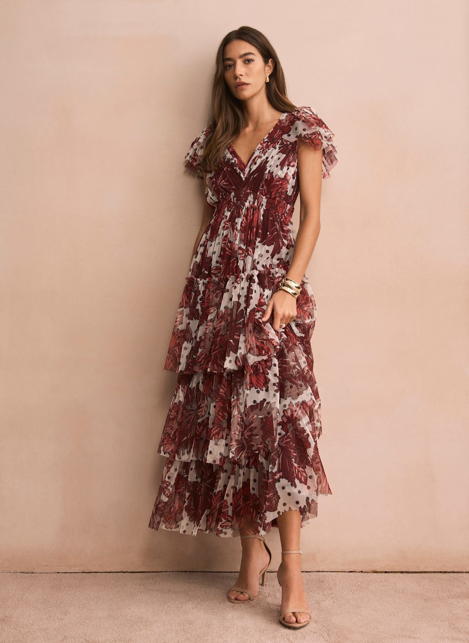 Burgundy Floral Print Tulle Maxi Dress