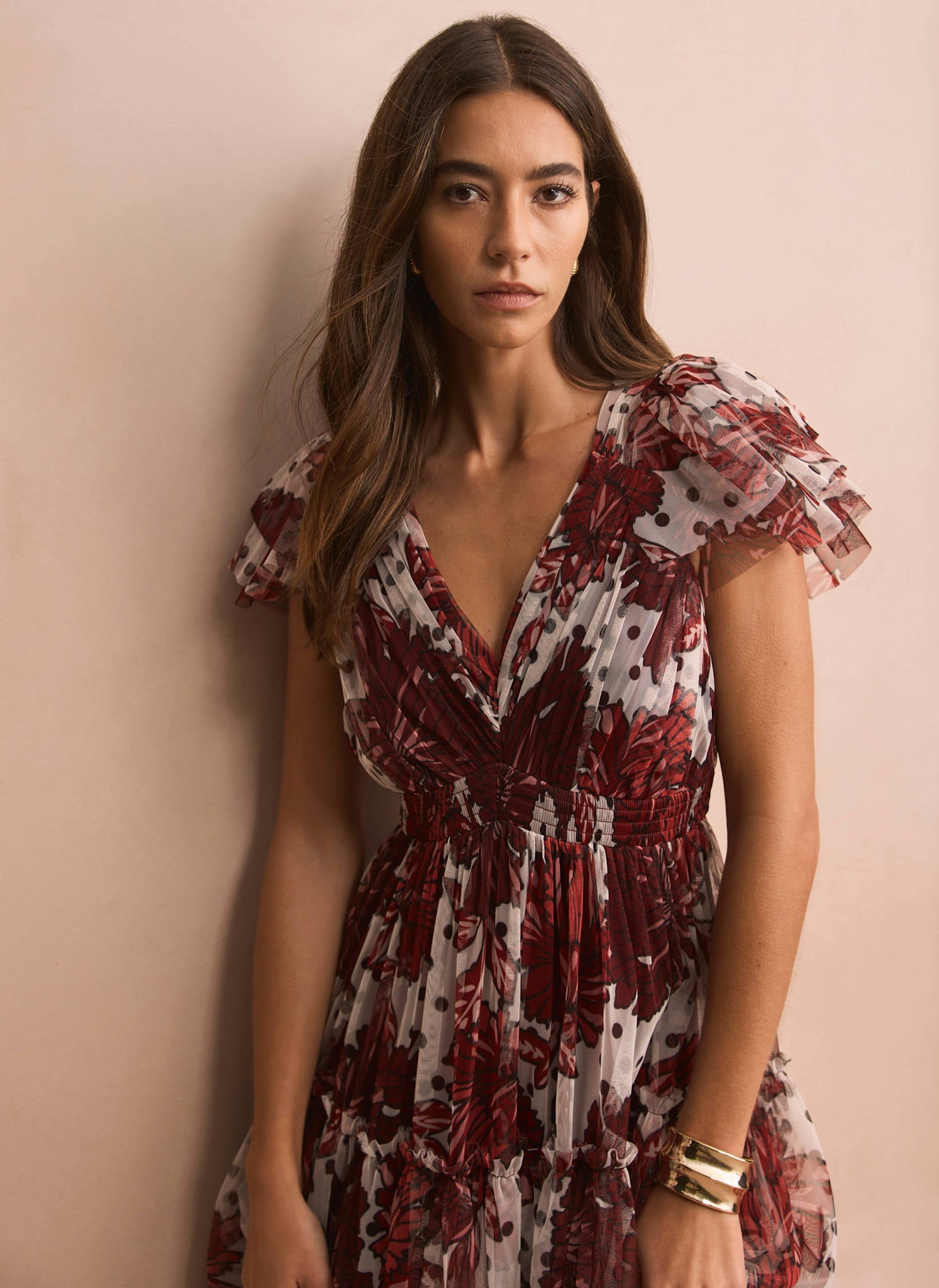Burgundy Floral Print Tulle Maxi Dress