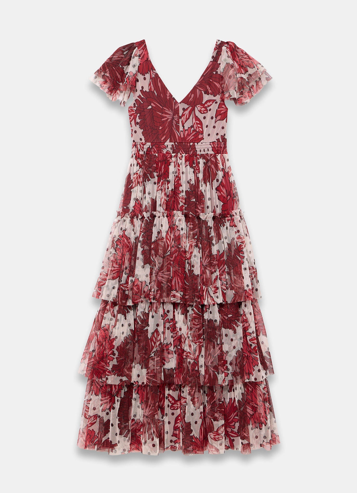 Burgundy Floral Print Tulle Maxi Dress