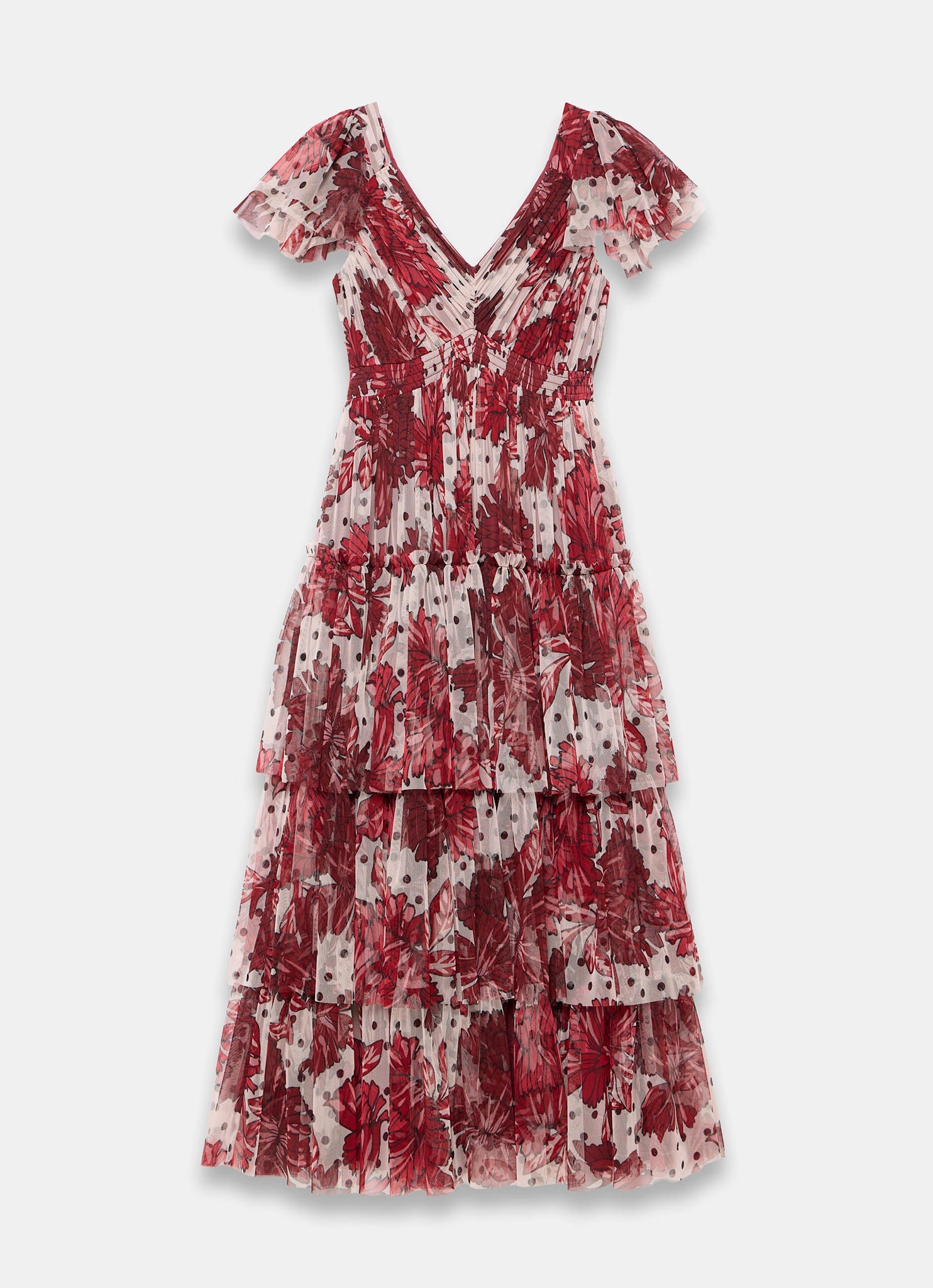Burgundy Floral Print Tulle Maxi Dress