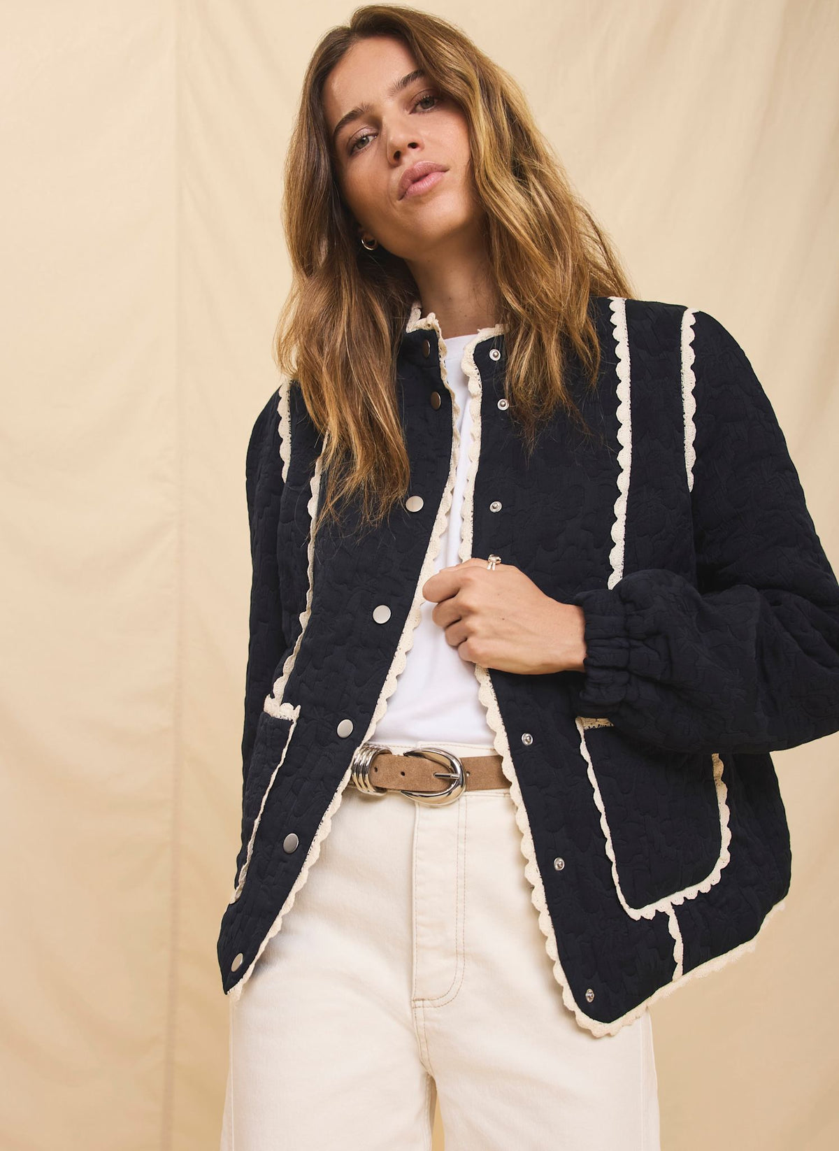 Navy Floral Jacquard Quilted Jacket