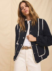 Navy Floral Jacquard Quilted Jacket