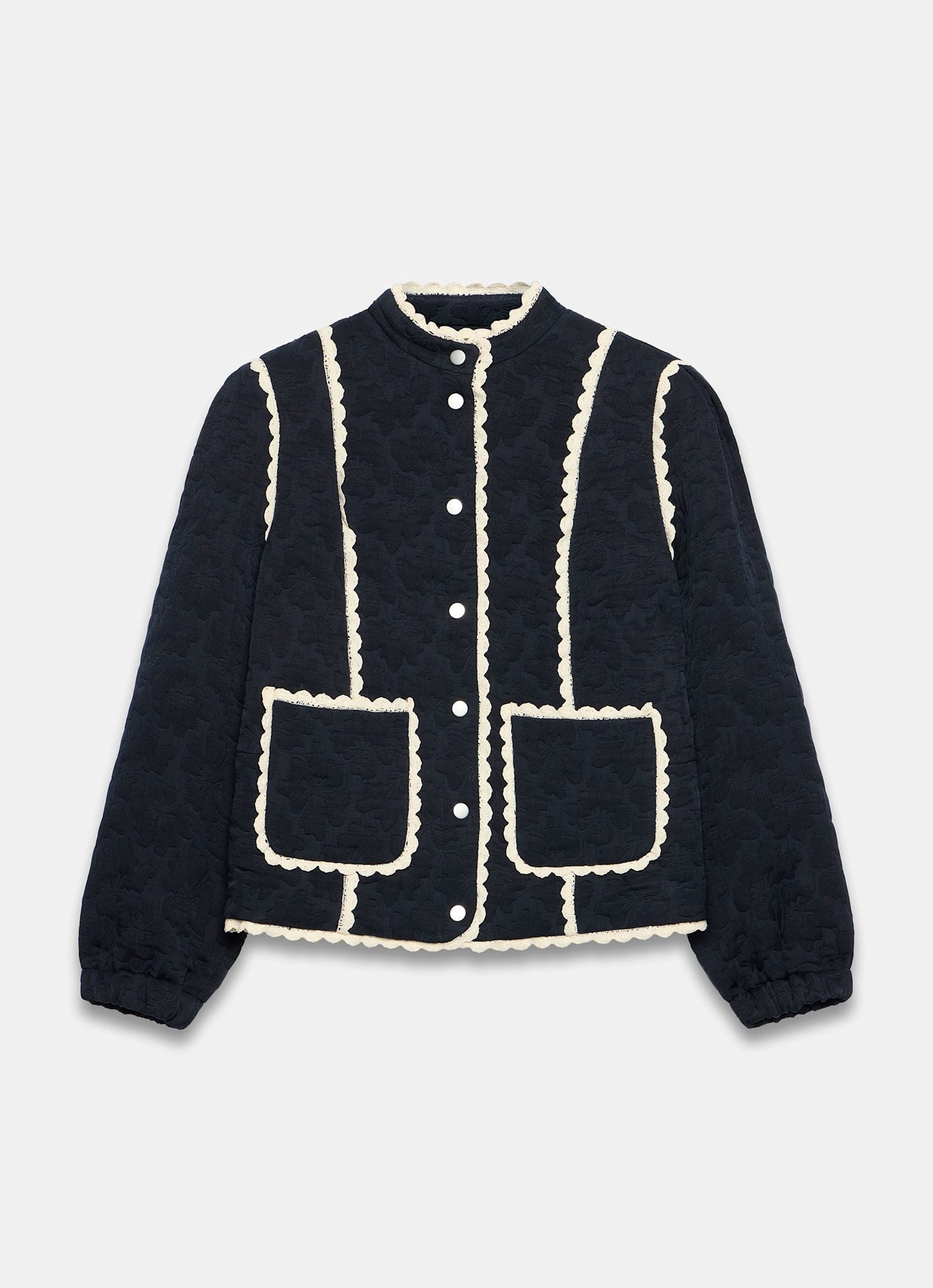 Navy Floral Jacquard Quilted Jacket