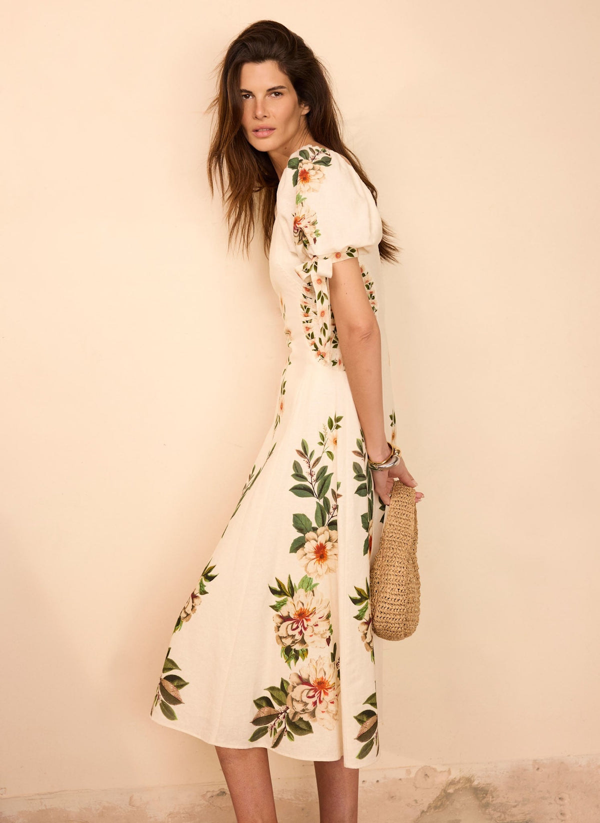 Cream Linen Blend Floral Print Midi Dress