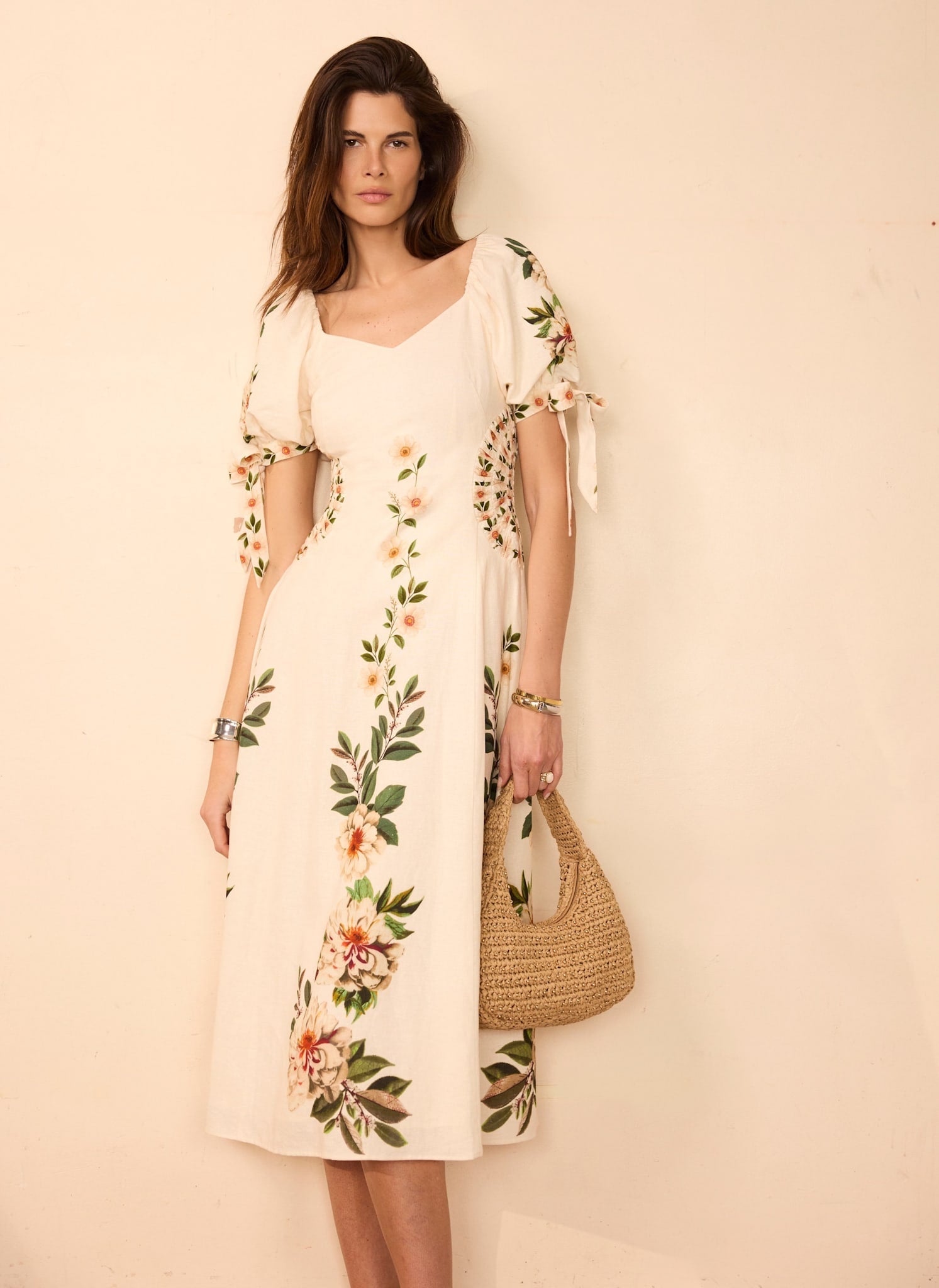 Cream Linen Blend Floral Print Midi Dress