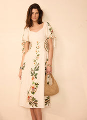 Cream Linen Blend Floral Print Midi Dress