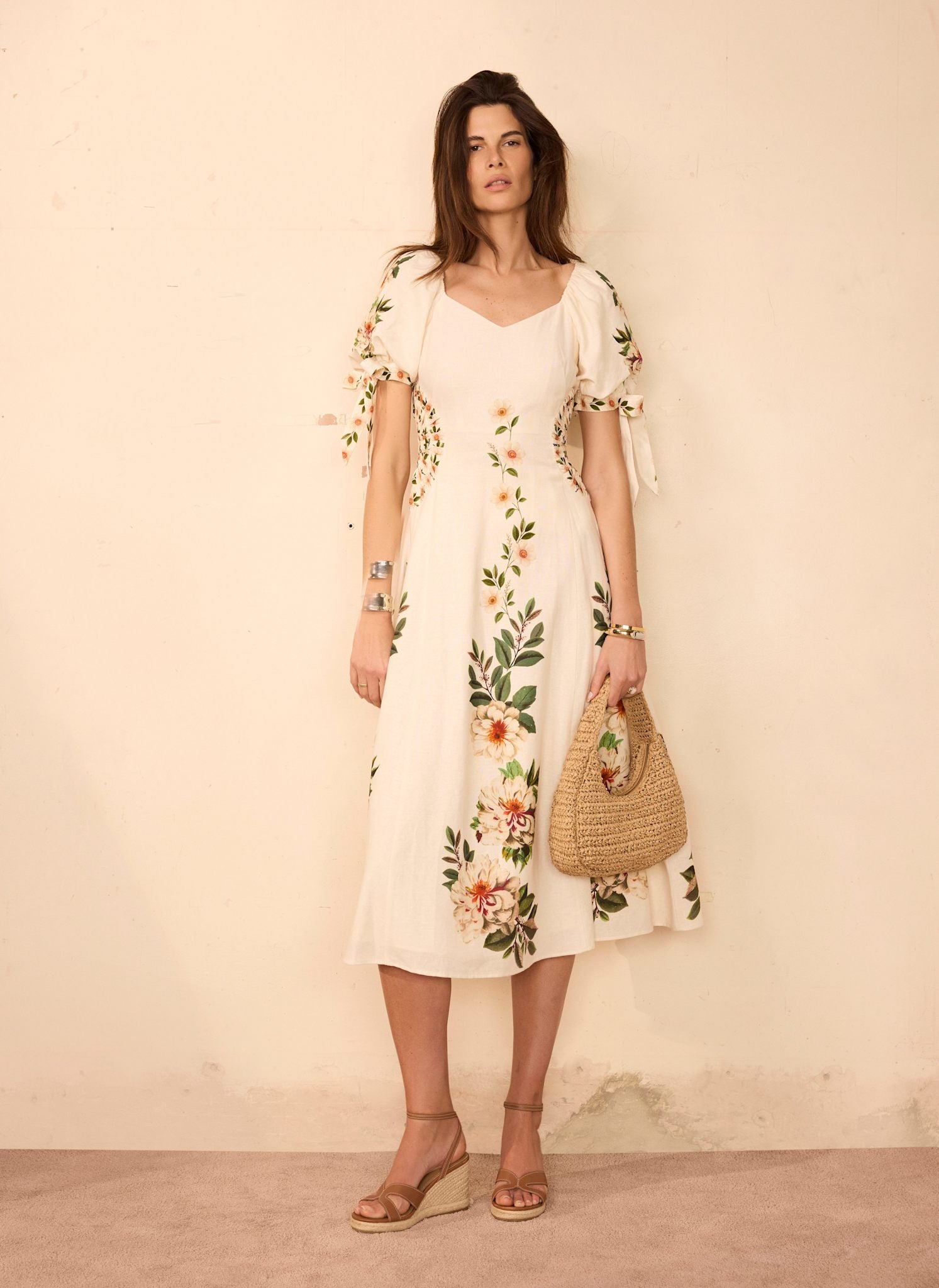 Cream Linen Blend Floral Print Midi Dress