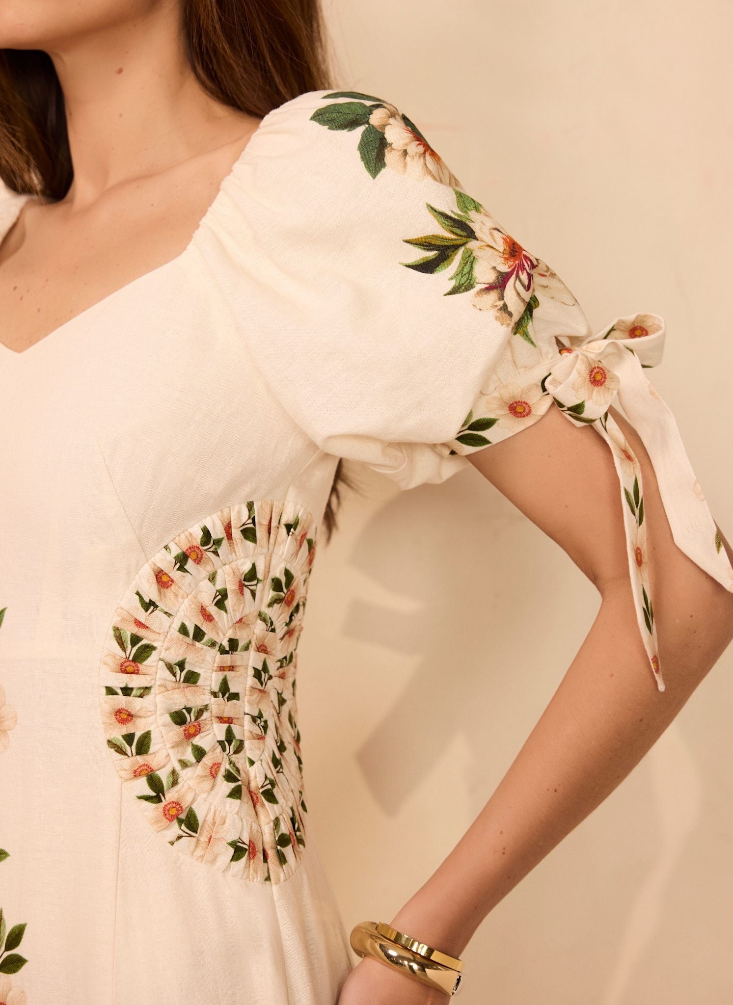 Cream Linen Blend Floral Print Midi Dress