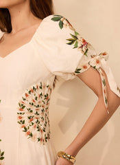 Cream Linen Blend Floral Print Midi Dress
