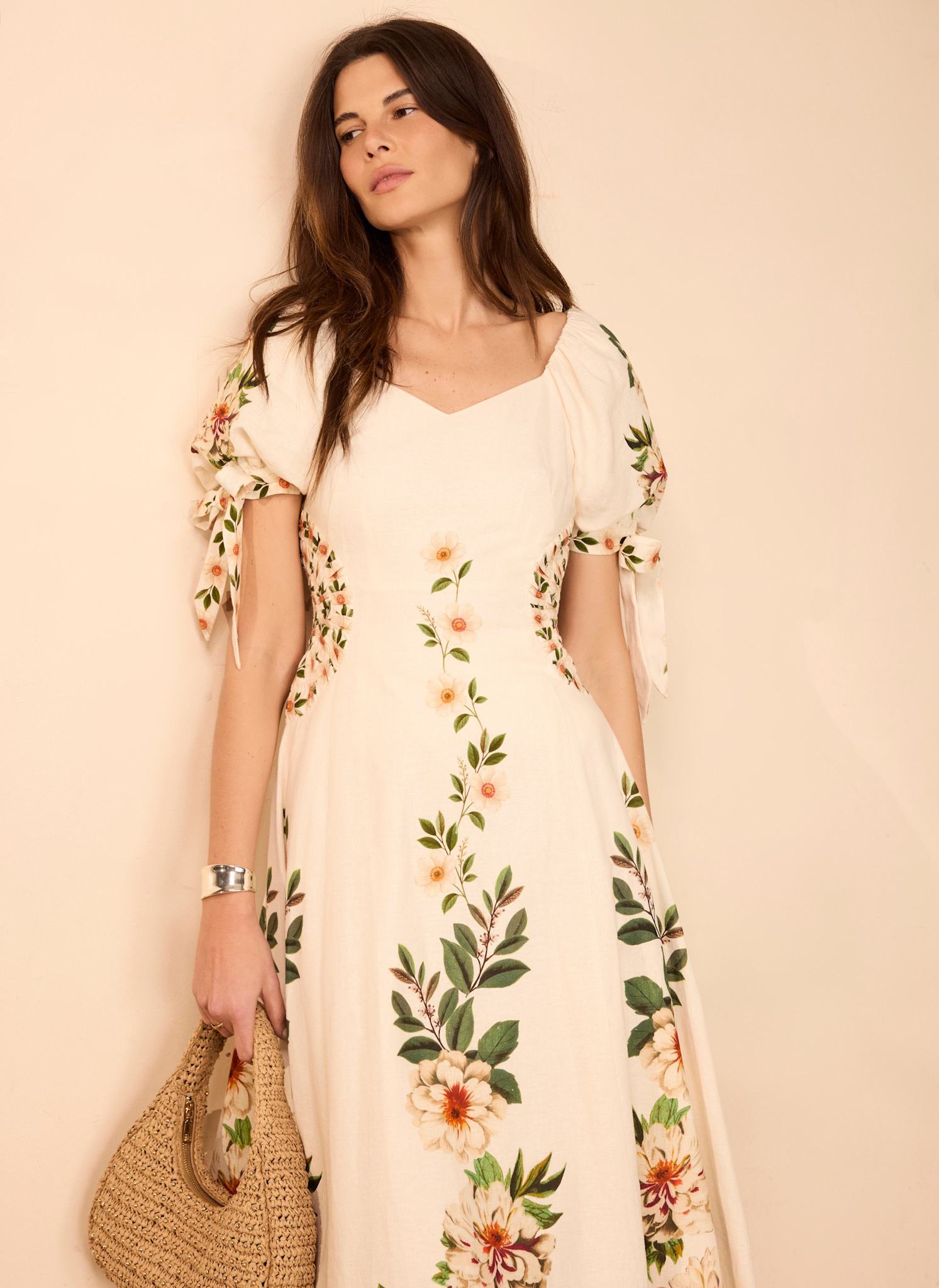 Cream Linen Blend Floral Print Midi Dress