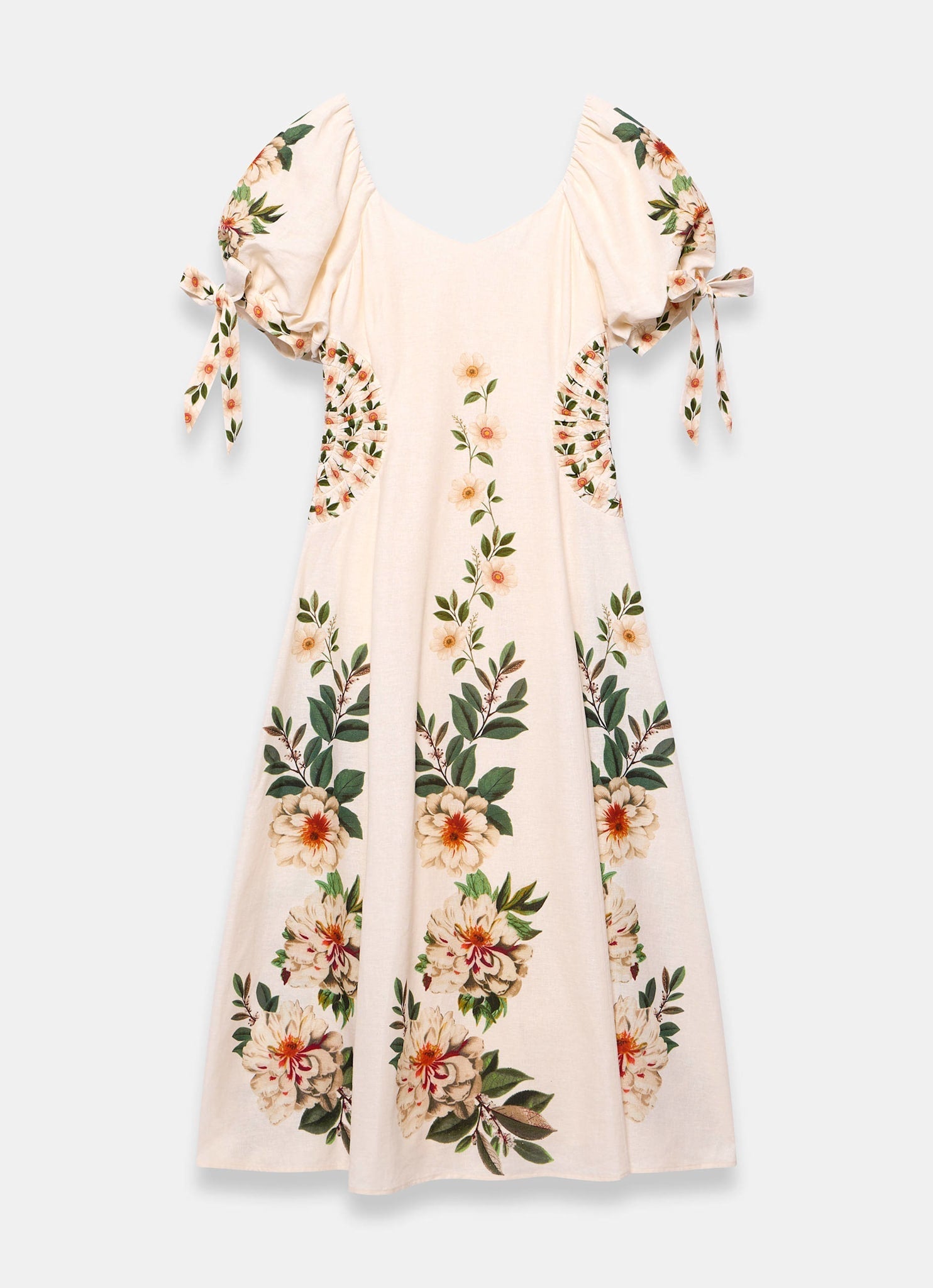 Cream Linen Blend Floral Print Midi Dress