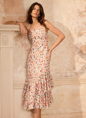 Orange Floral Print Linen Blend Ruffle Midi Dress