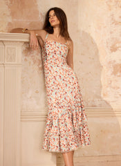 Orange Floral Print Linen Blend Ruffle Midi Dress