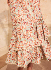 Orange Floral Print Linen Blend Ruffle Midi Dress