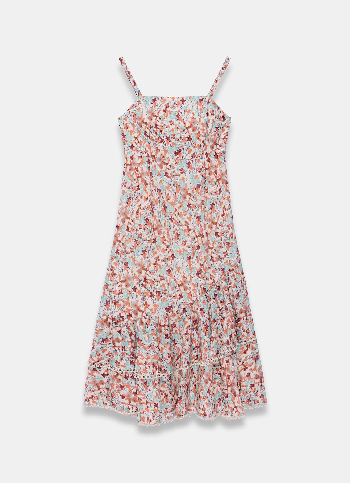 Orange Floral Print Linen Blend Ruffle Midi Dress