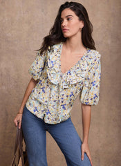 Blue Floral Ruffle Trim Blouse