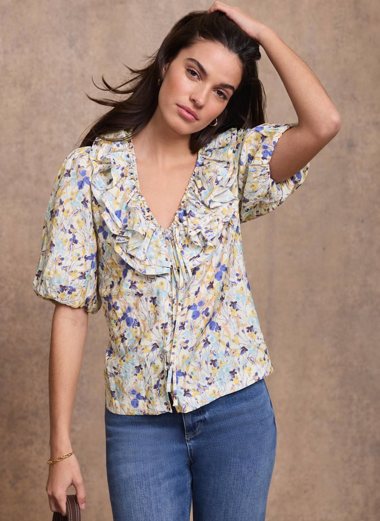 Blue Floral Ruffle Trim Blouse