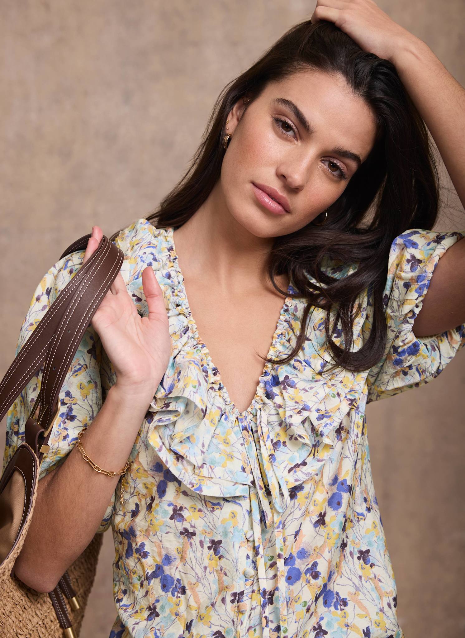 Blue Floral Ruffle Trim Blouse