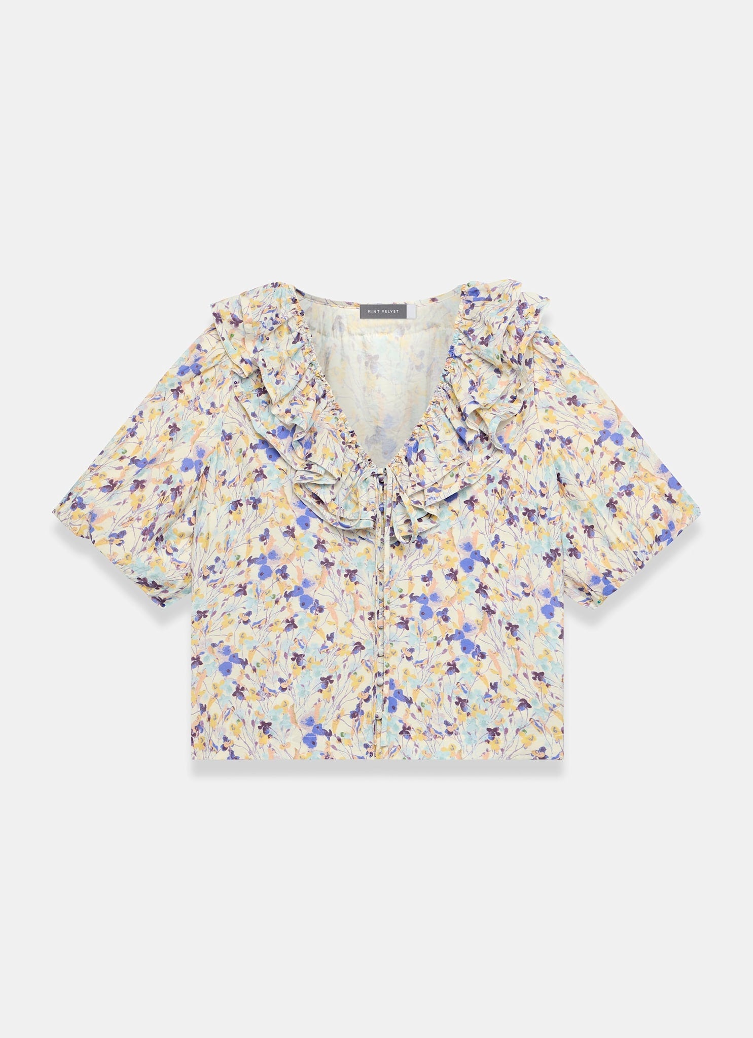 Blue Floral Ruffle Trim Blouse