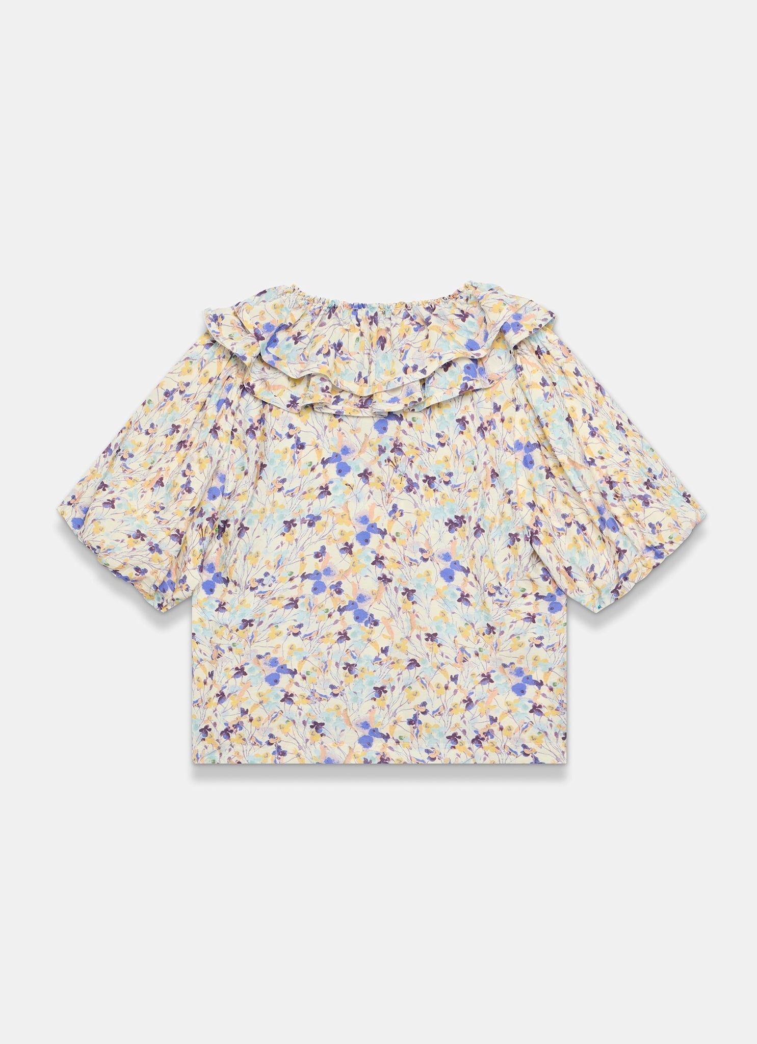 Blue Floral Ruffle Trim Blouse