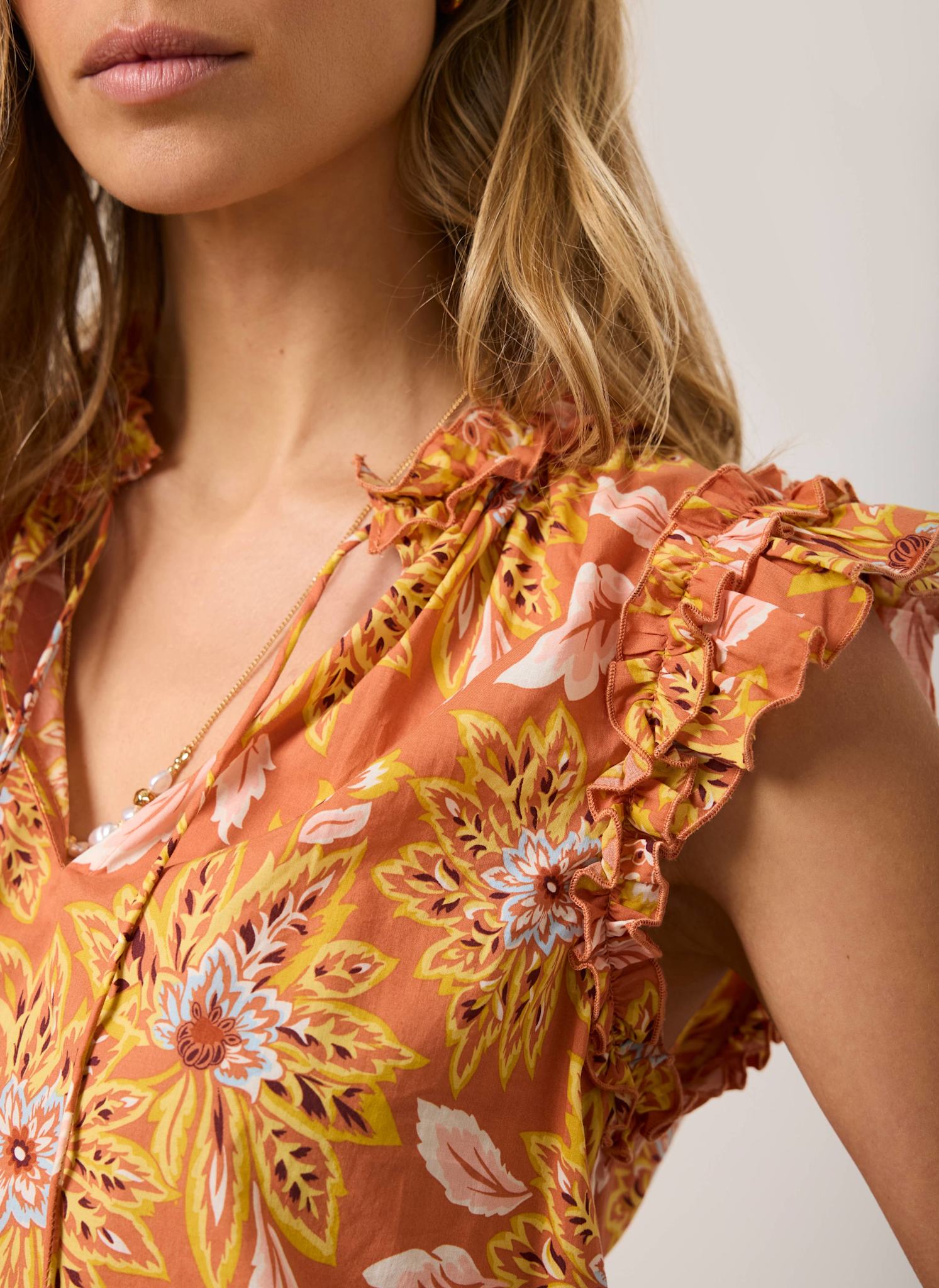 Orange Cotton Floral Print Top