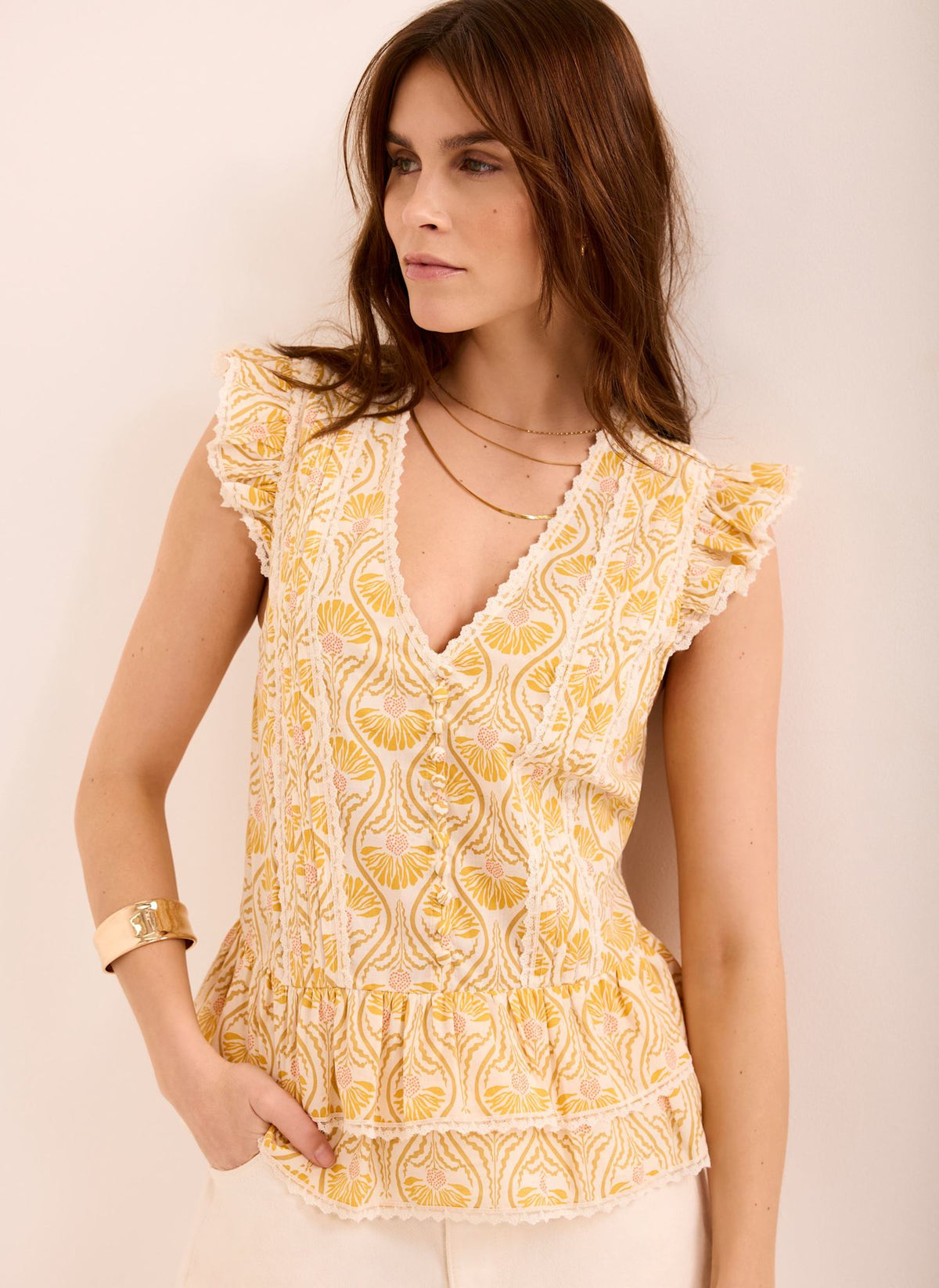 Yellow Cotton Floral Print Top