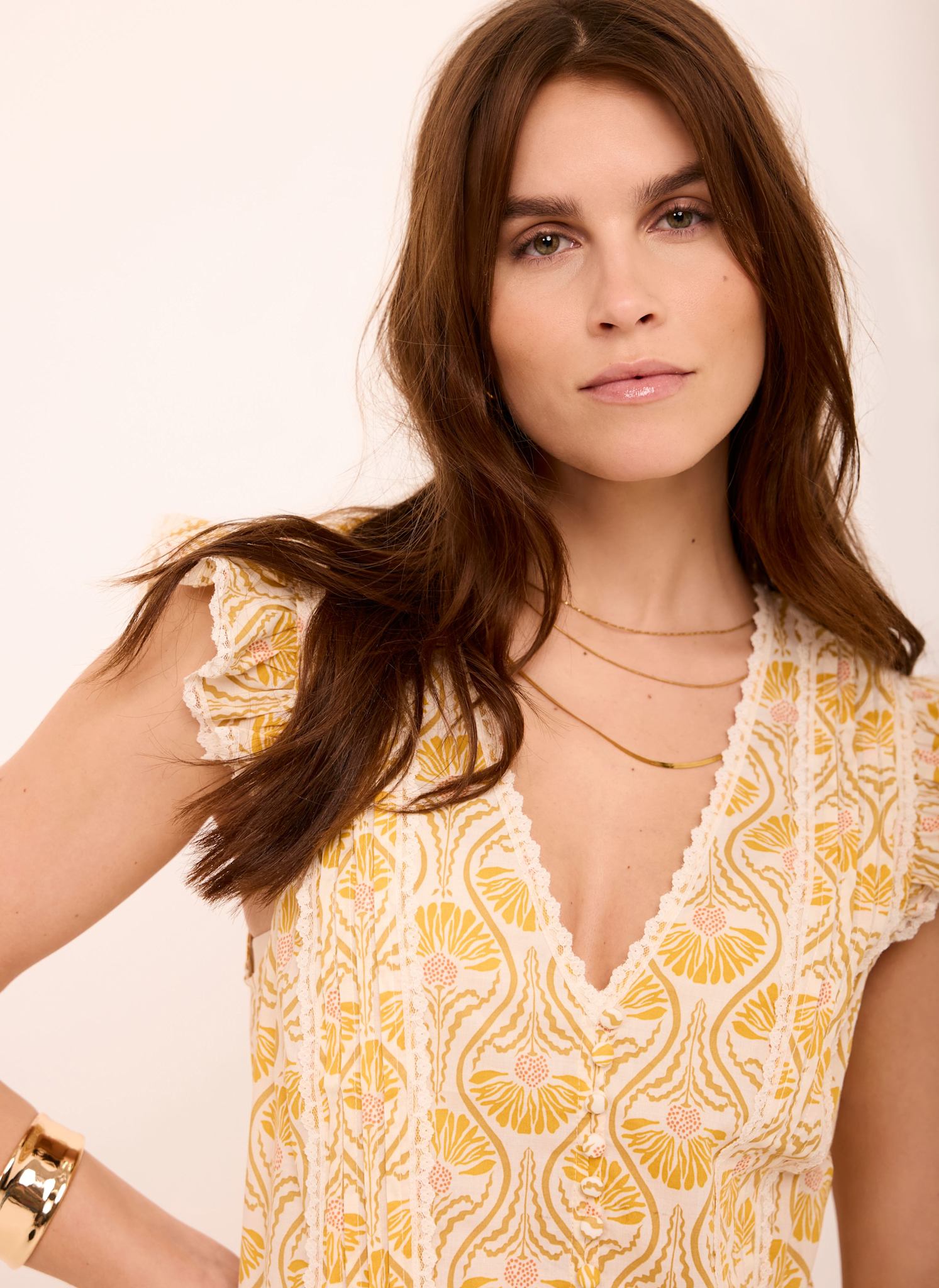 Yellow Cotton Floral Print Top