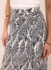 Navy Leaf Print Wrap Midi Skirt
