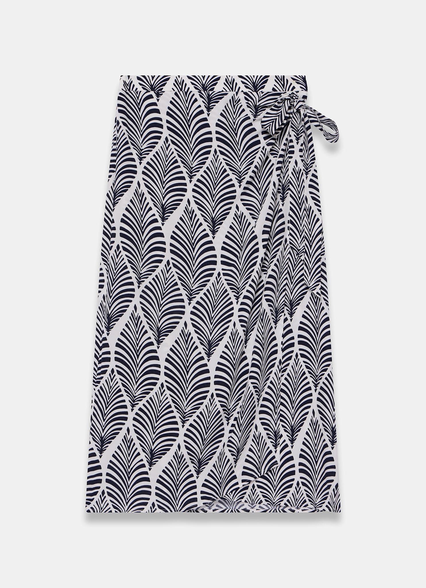 Navy Leaf Print Wrap Midi Skirt