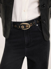 Black Leather Gold Eyelet Belt