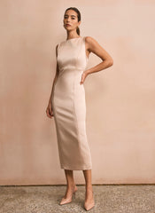Gold Satin Midi Shift Dress