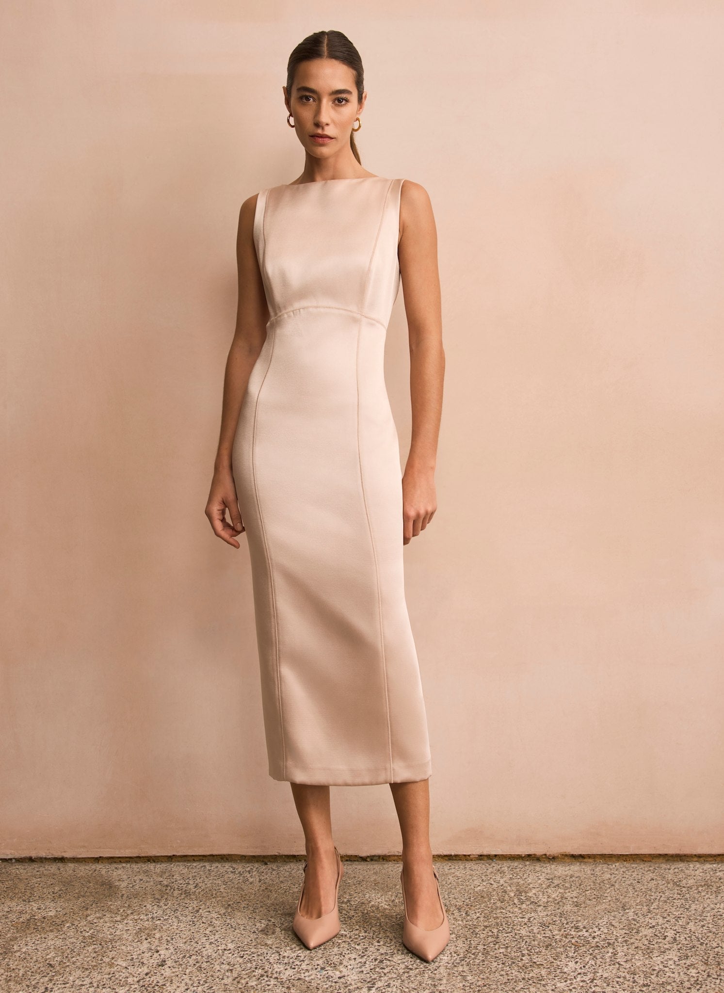 Gold Satin Midi Shift Dress