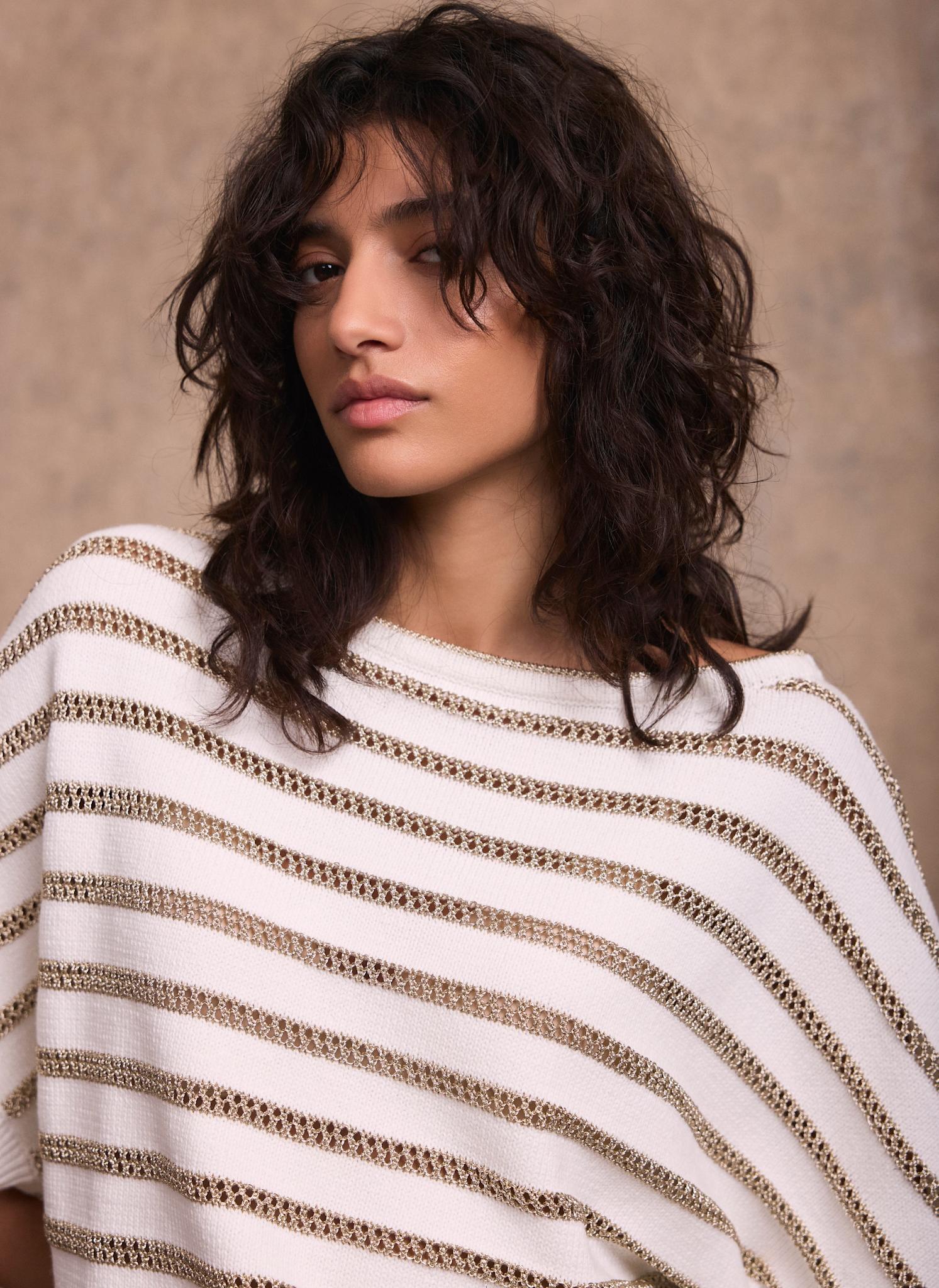 Cream Cotton Blend Metallic Stripe Top