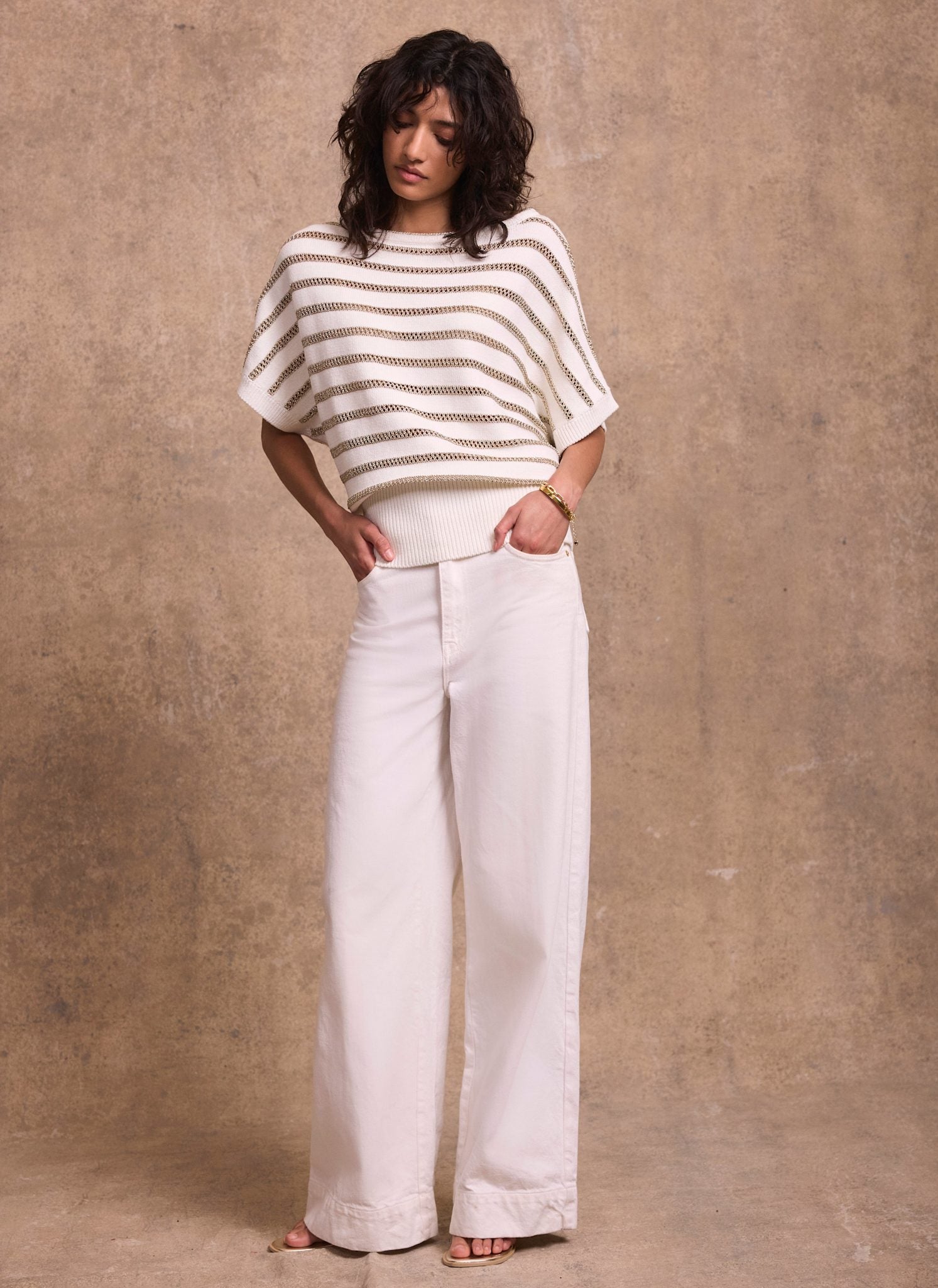 Cream Cotton Blend Metallic Stripe Top