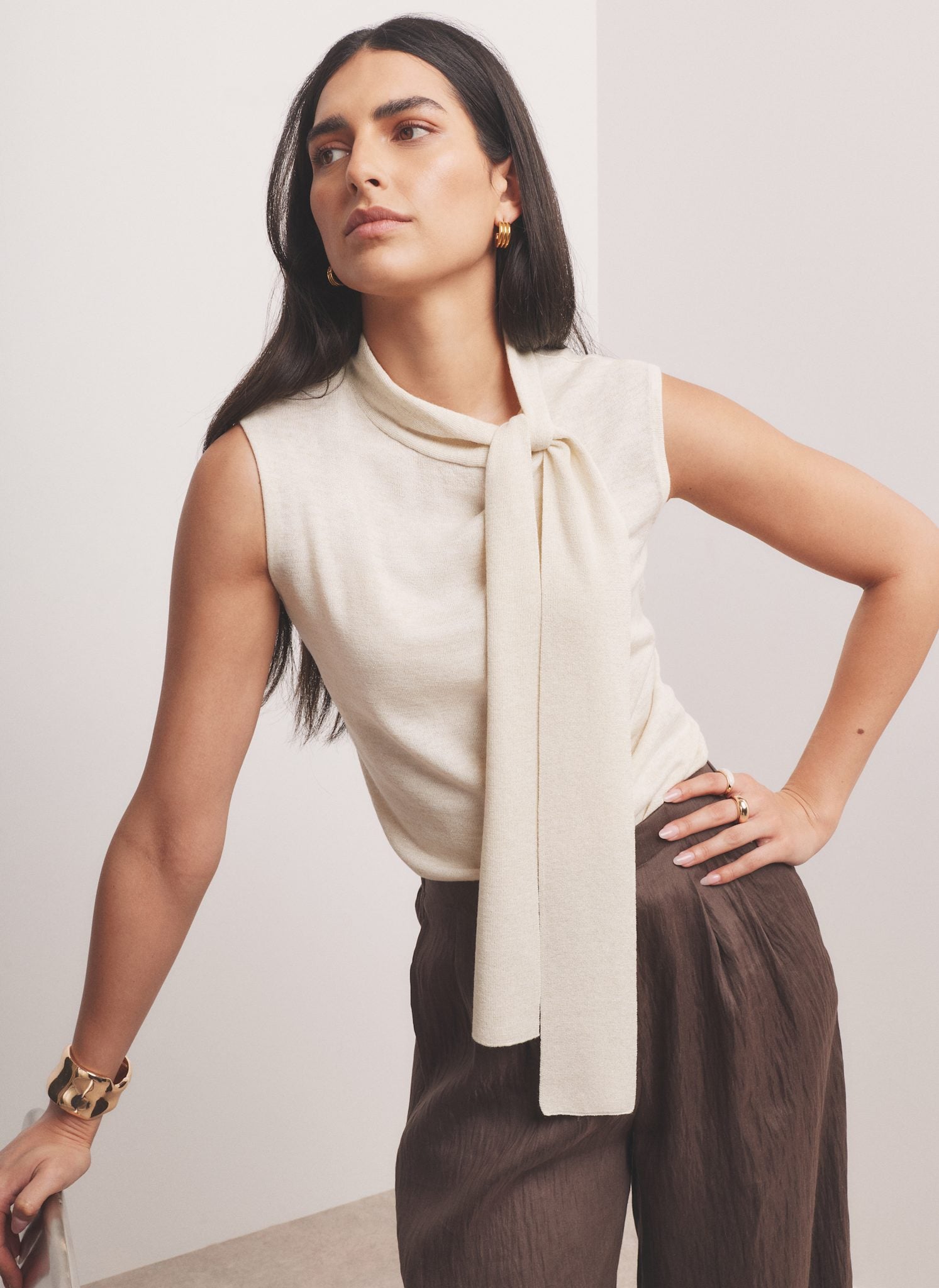 Gold Metallic Knit Tie Neck Top