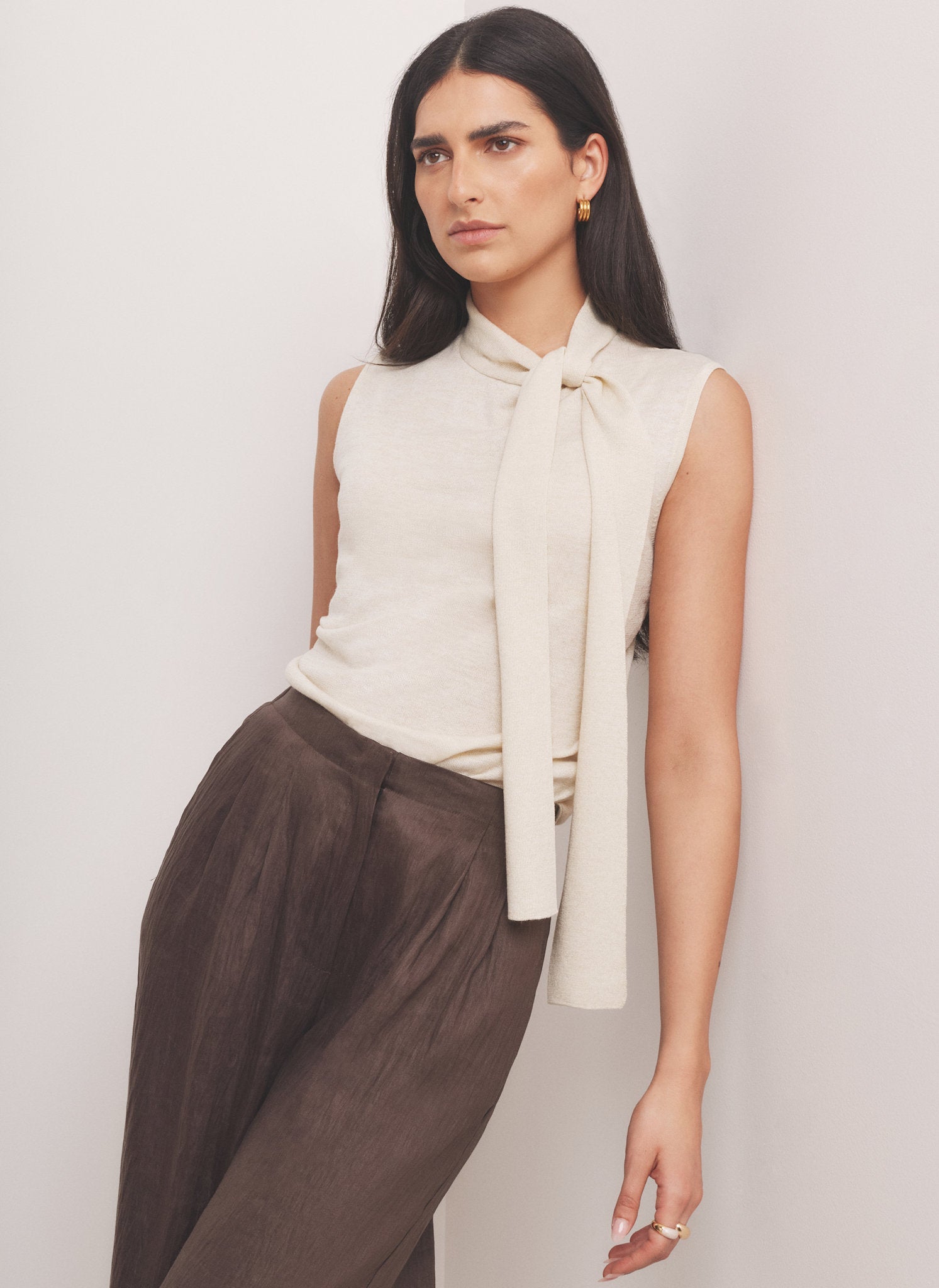 Gold Metallic Knit Tie Neck Top