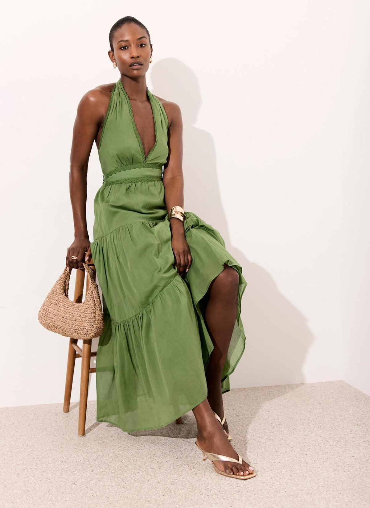 Green Cotton Halter Maxi Dress