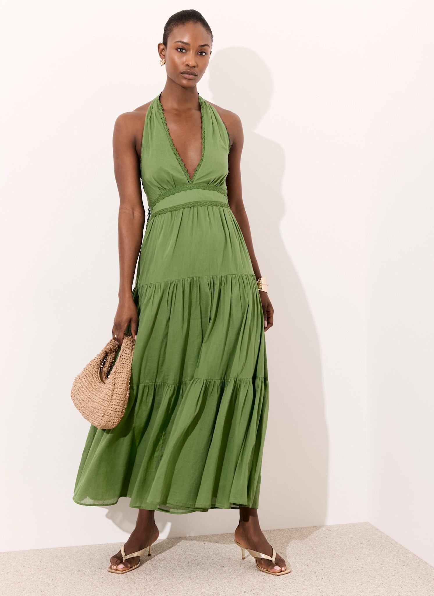 Green Cotton Halter Maxi Dress