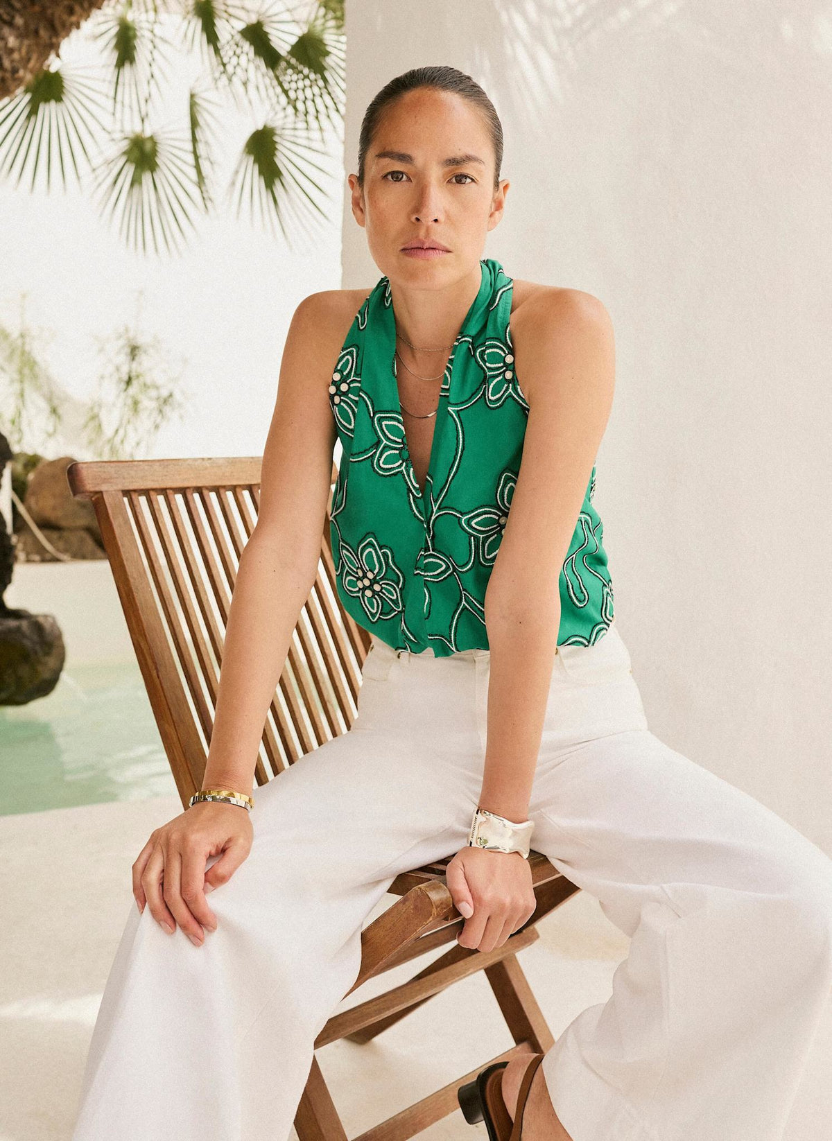 Green Cotton Floral Embroidered Halter Top