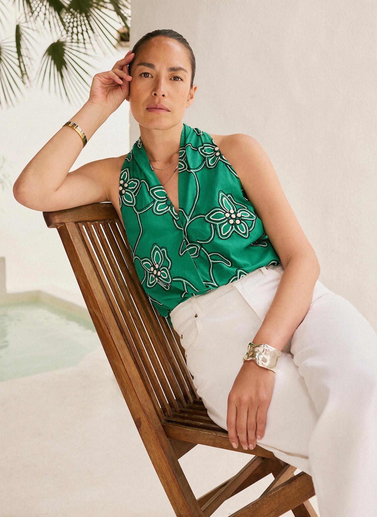 Green Cotton Floral Embroidered Halter Top