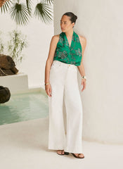 Green Cotton Floral Embroidered Halter Top