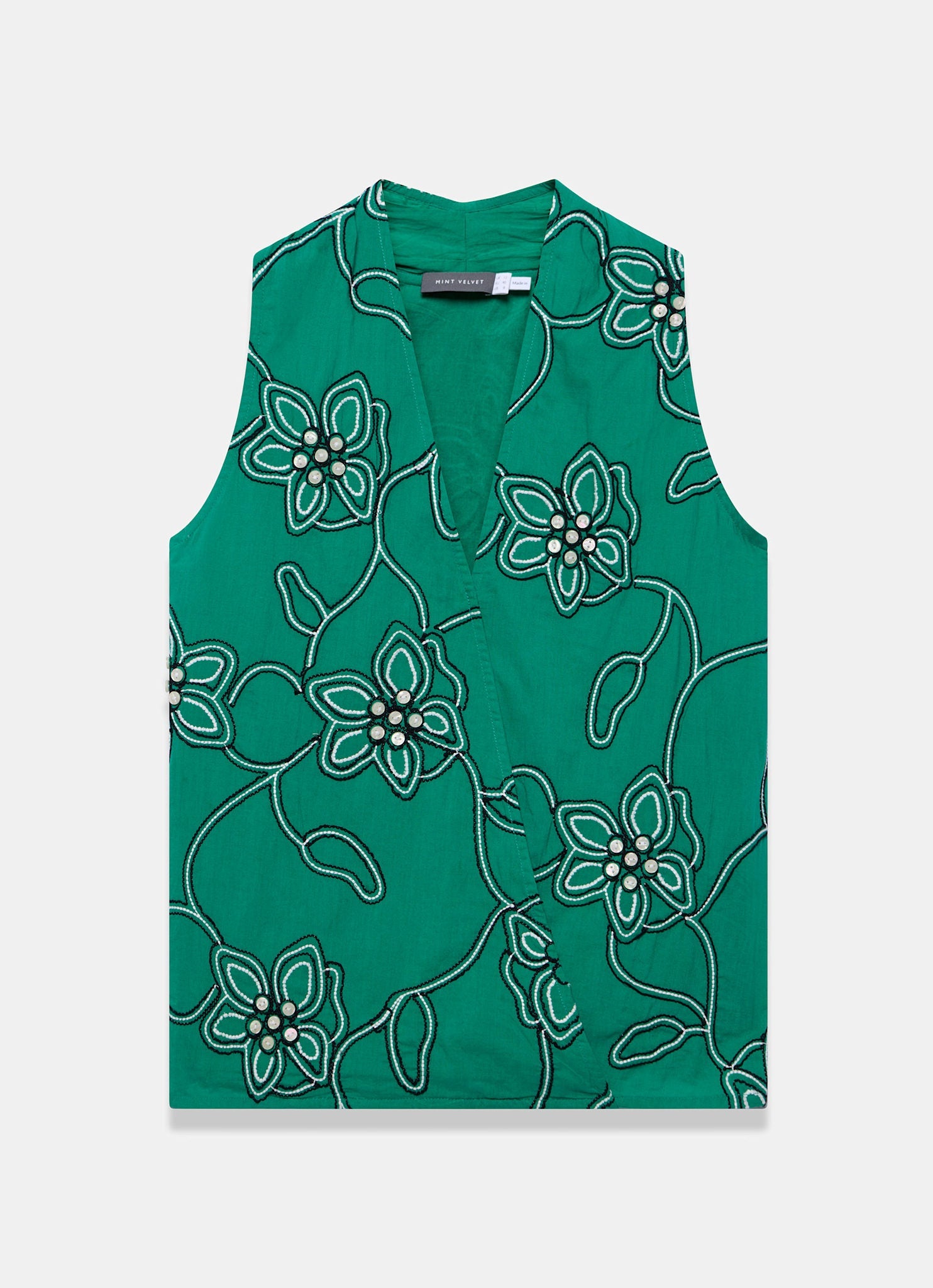 Green Cotton Floral Embroidered Halter Top