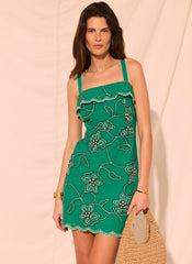 Green Cotton Floral Embroidered Mini Dress